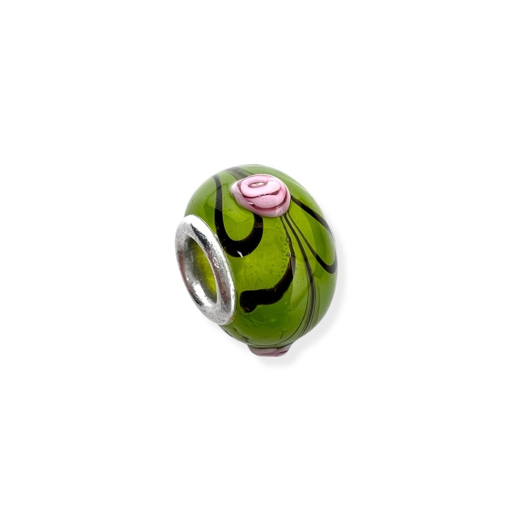 Pink Flowers & Green Glass Sterling Silver Bead Charm For Charm Bracelet